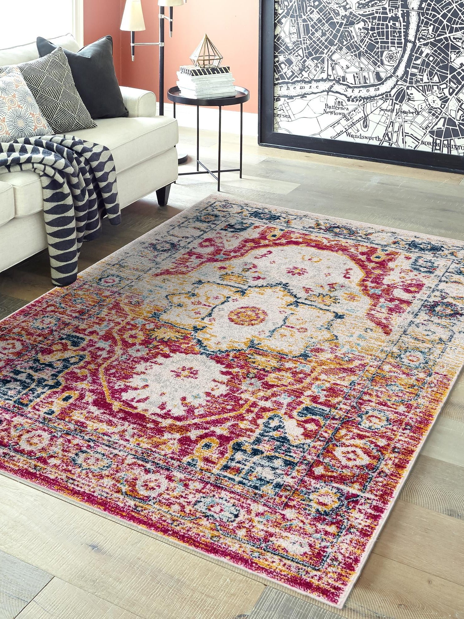 Pink Gray 7' x 10' Madeline Vintage Rectangle Area Rug 100% Polypropylene Distressed Traditional Carpet for Classic Interior Home Design for Sale at Rug Engine