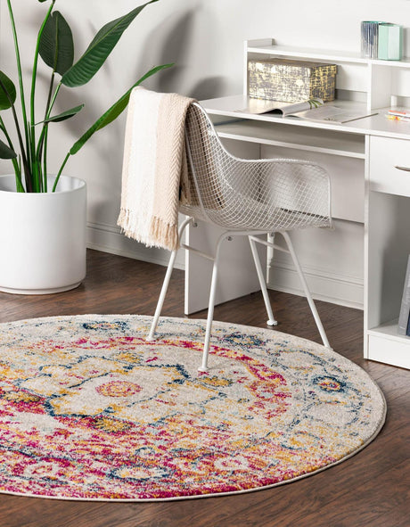 Pink Gray 7' 10 x 7' 10 Madeline Vintage Round Area Rug 100% Polypropylene Distressed Traditional Carpet for Classic Interior Home Design for Sale at Rug Engine