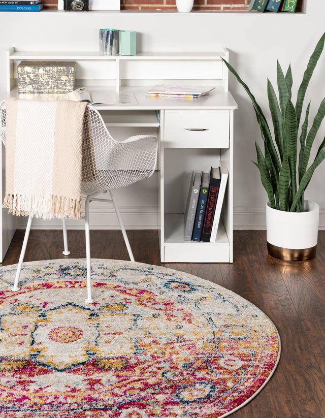 Pink Gray 5' 3 x 5' 3 Madeline Vintage Round Area Rug 100% Polypropylene Distressed Traditional Carpet for Classic Interior Home Design for Sale at Rug Engine