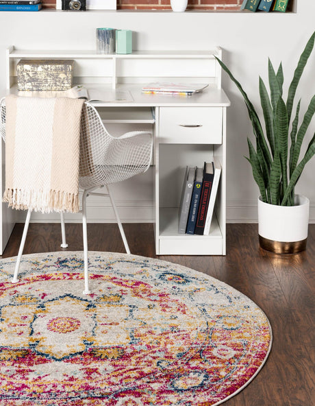 Pink Gray 7' 10 x 7' 10 Madeline Vintage Round Area Rug 100% Polypropylene Distressed Traditional Carpet for Classic Interior Home Design for Sale at Rug Engine