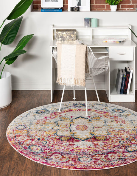 Pink Gray 5' 3 x 5' 3 Madeline Vintage Round Area Rug 100% Polypropylene Distressed Traditional Carpet for Classic Interior Home Design for Sale at Rug Engine