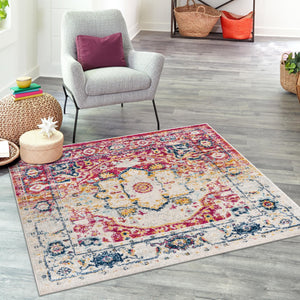Pink Gray 4' x 4' Madeline Vintage Square Area Rug 100% Polypropylene Distressed Traditional Carpet for Classic Interior Home Design for Sale at Rug Engine