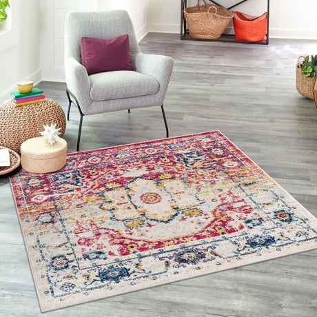 Pink Gray 4' x 4' Madeline Vintage Square Area Rug 100% Polypropylene Distressed Traditional Carpet for Classic Interior Home Design for Sale at Rug Engine