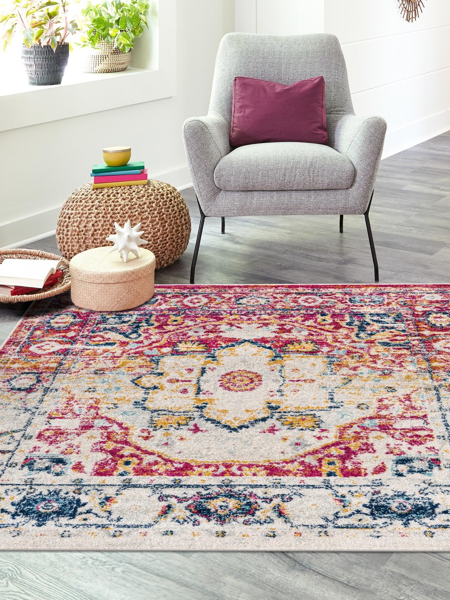 Pink Gray 5' 3 x 5' 3 Madeline Vintage Square Area Rug 100% Polypropylene Distressed Traditional Carpet for Classic Interior Home Design for Sale at Rug Engine