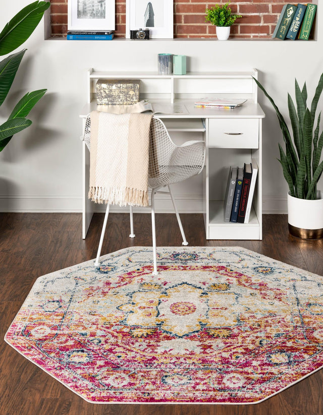 Pink Gray 5' 3 x 5' 3 Madeline Vintage Octagon Area Rug 100% Polypropylene Distressed Traditional Carpet for Classic Interior Home Design for Sale at Rug Engine