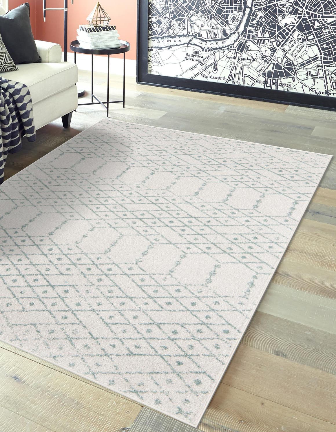 Ivory Aqua 5' 3 x 8' Paxon Trellis Rectangle Area Rug Geometric Durable Stain Resistant Easy Clean Carpet for Modern Interior Home Decor for Sale at Rug Engine