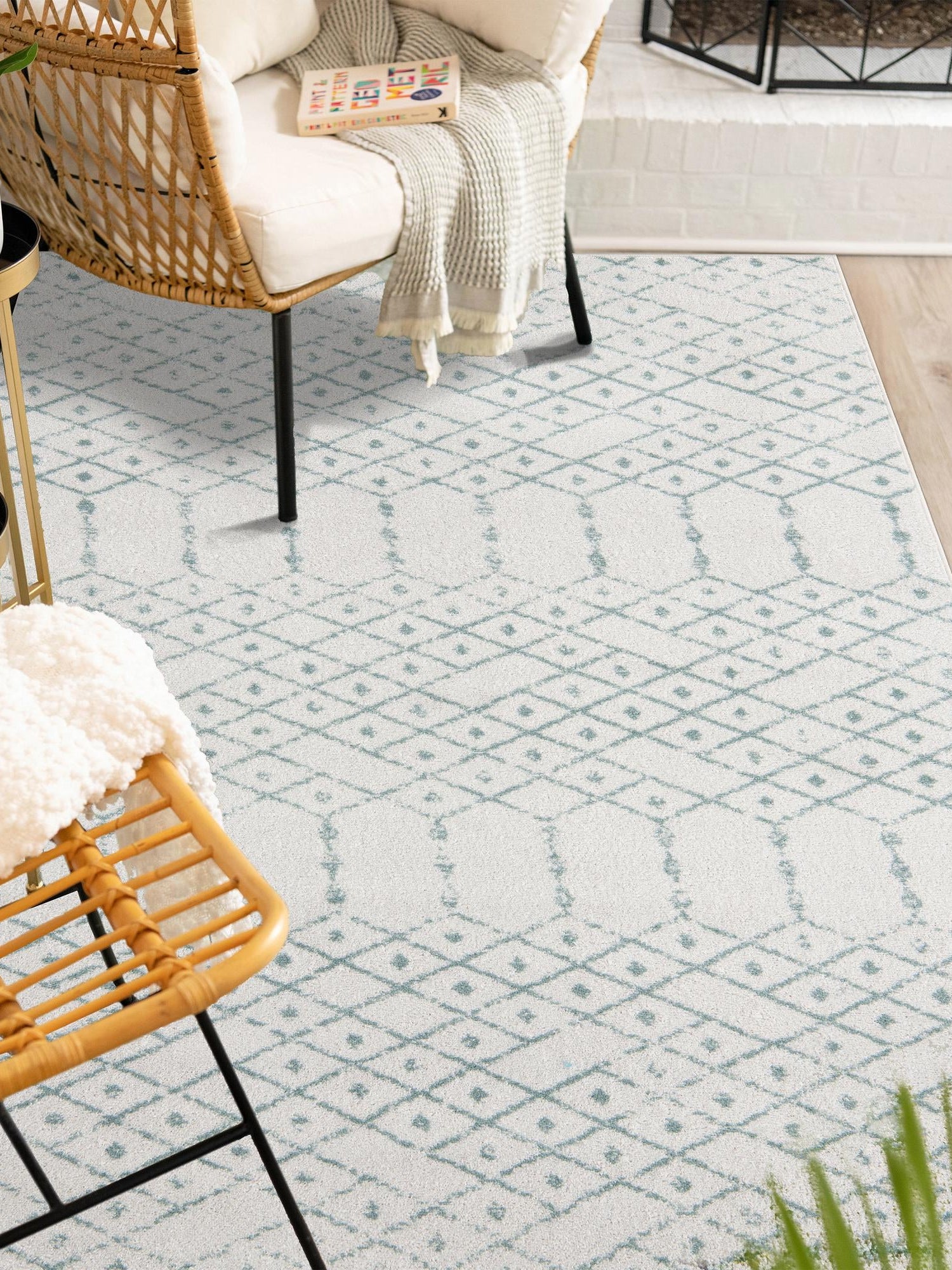 Ivory Aqua 2' x 3' Paxon Trellis Rectangle Area Rug Geometric Durable Stain Resistant Easy Clean Carpet for Modern Interior Home Decor for Sale at Rug Engine