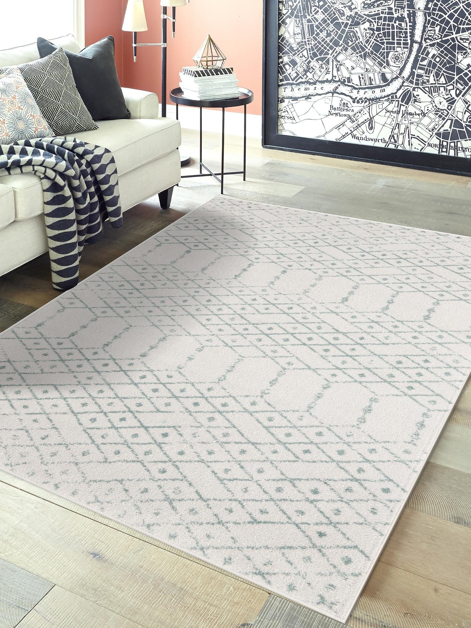 Ivory Aqua 2' x 3' Paxon Trellis Rectangle Area Rug Geometric Durable Stain Resistant Easy Clean Carpet for Modern Interior Home Decor for Sale at Rug Engine