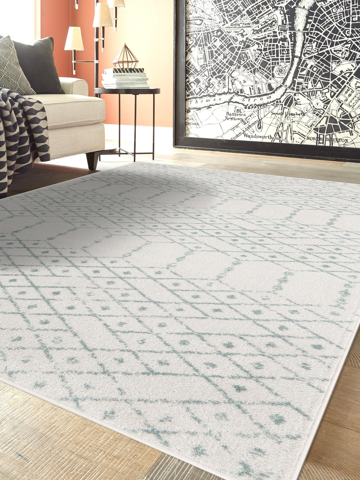 Ivory Aqua 10' x 13' Paxon Trellis Rectangle Area Rug Geometric Durable Stain Resistant Easy Clean Carpet for Modern Interior Home Decor for Sale at Rug Engine