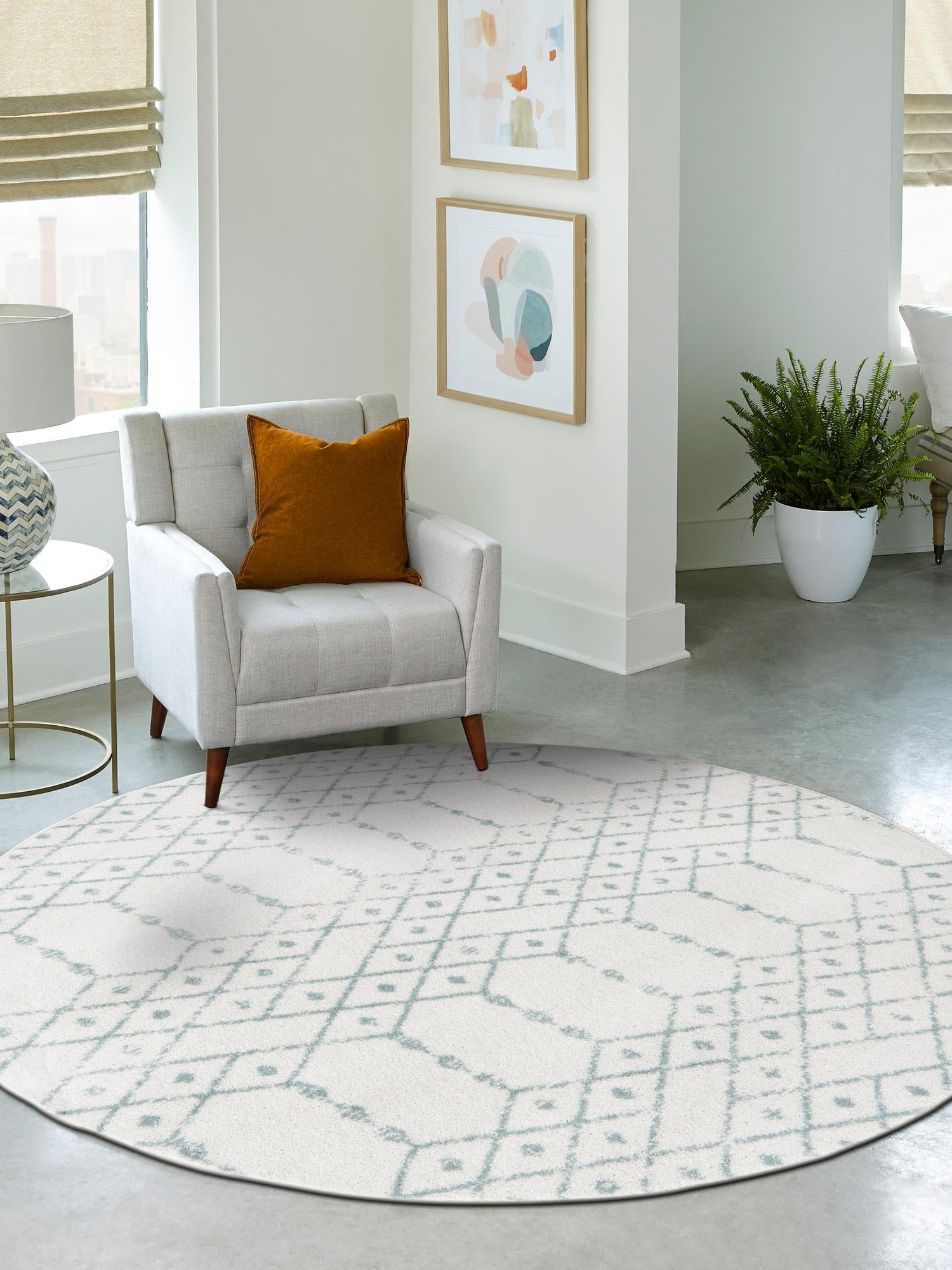 Ivory Aqua 3' x 3' Paxon Trellis Round Area Rug Geometric Durable Stain Resistant Easy Clean Carpet for Modern Interior Home Decor for Sale at Rug Engine