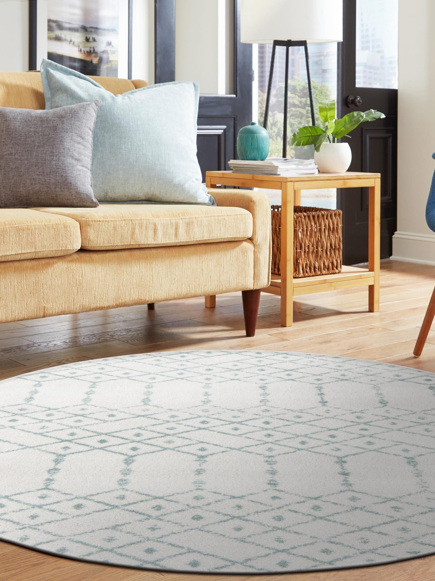 Ivory Aqua 7' 10 x 7' 10 Paxon Trellis Round Area Rug Geometric Durable Stain Resistant Easy Clean Carpet for Modern Interior Home Decor for Sale at Rug Engine