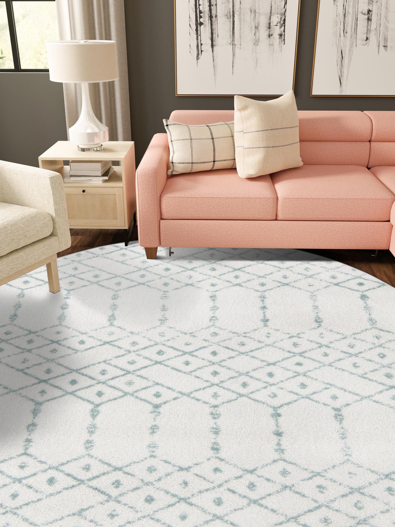 Ivory Aqua 7' 10 x 7' 10 Paxon Trellis Round Area Rug Geometric Durable Stain Resistant Easy Clean Carpet for Modern Interior Home Decor for Sale at Rug Engine