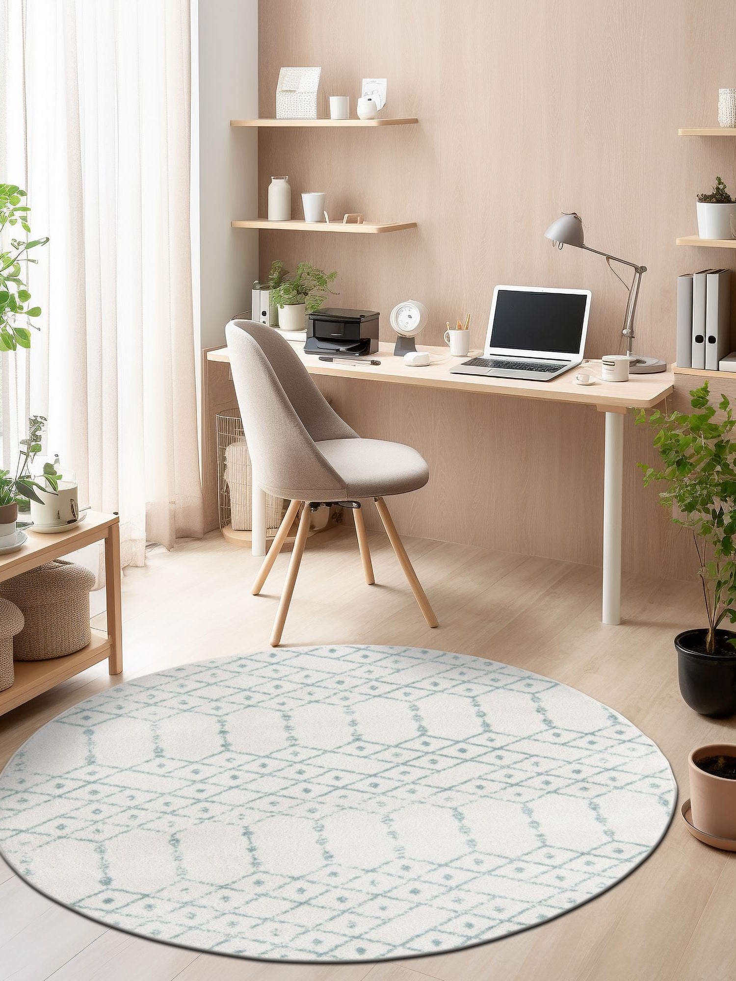 Ivory Aqua 7' 10 x 7' 10 Paxon Trellis Round Area Rug Geometric Durable Stain Resistant Easy Clean Carpet for Modern Interior Home Decor for Sale at Rug Engine