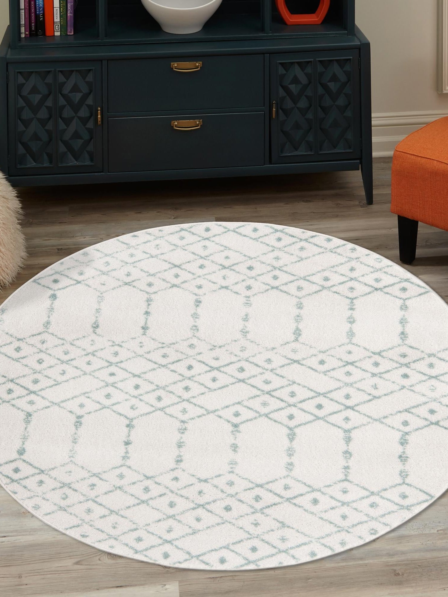 Ivory Aqua 3' x 3' Paxon Trellis Round Area Rug Geometric Durable Stain Resistant Easy Clean Carpet for Modern Interior Home Decor for Sale at Rug Engine