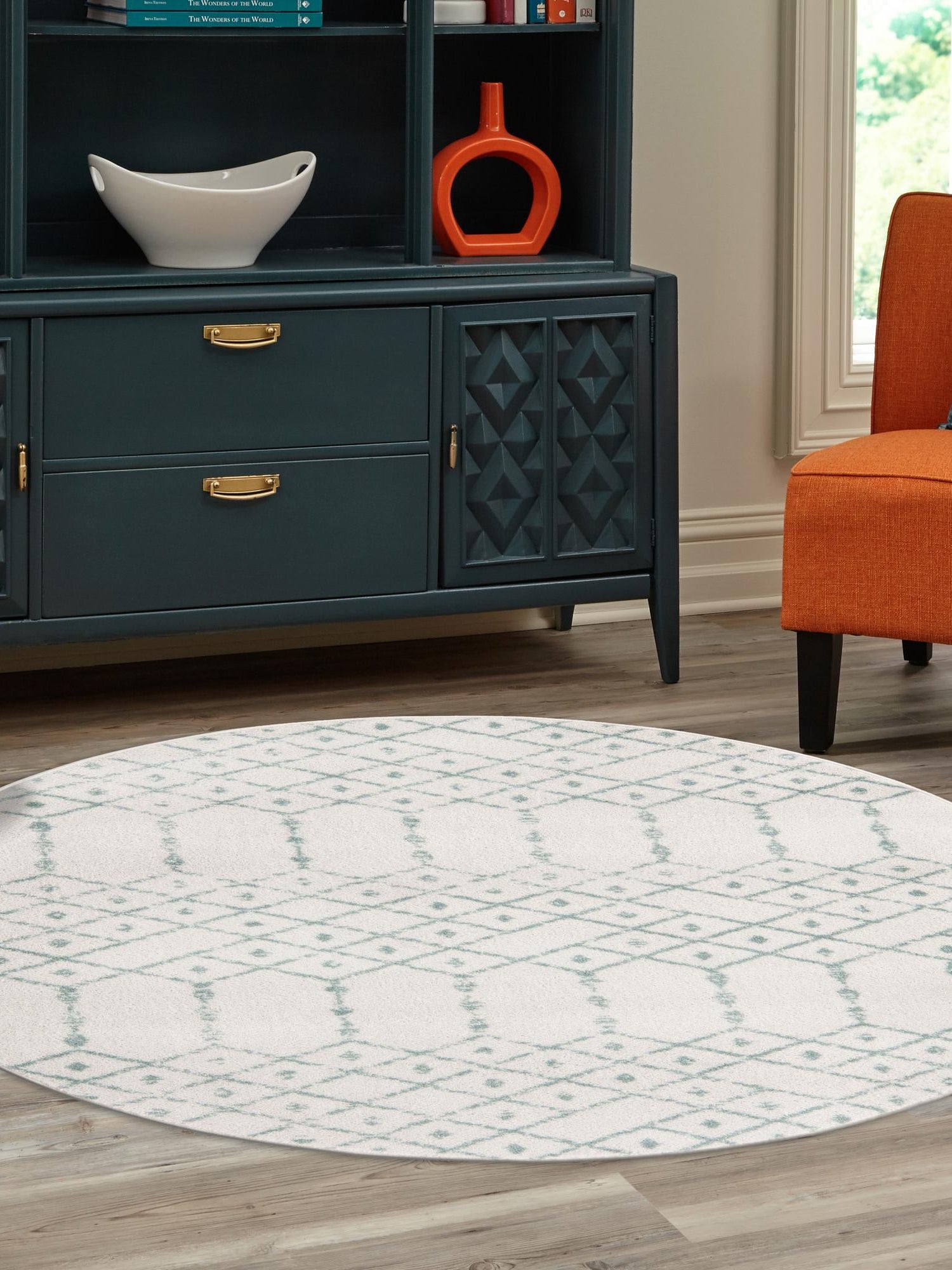 Ivory Aqua 7' 10 x 7' 10 Paxon Trellis Round Area Rug Geometric Durable Stain Resistant Easy Clean Carpet for Modern Interior Home Decor for Sale at Rug Engine