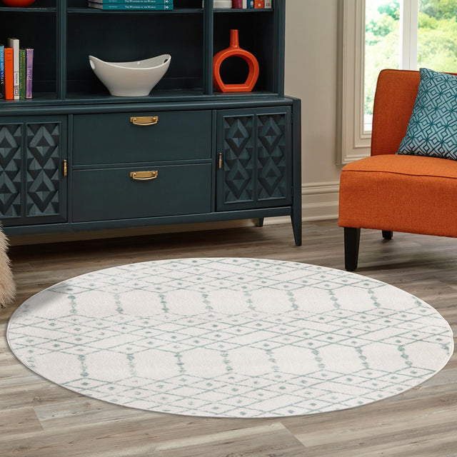 Ivory Aqua 3' x 3' Paxon Trellis Round Area Rug Geometric Durable Stain Resistant Easy Clean Carpet for Modern Interior Home Decor for Sale at Rug Engine