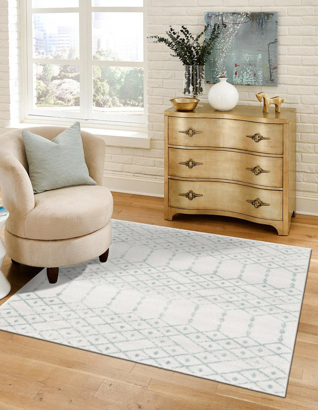Ivory Aqua 4' x 4' Paxon Trellis Square Area Rug Geometric Durable Stain Resistant Easy Clean Carpet for Modern Interior Home Decor for Sale at Rug Engine