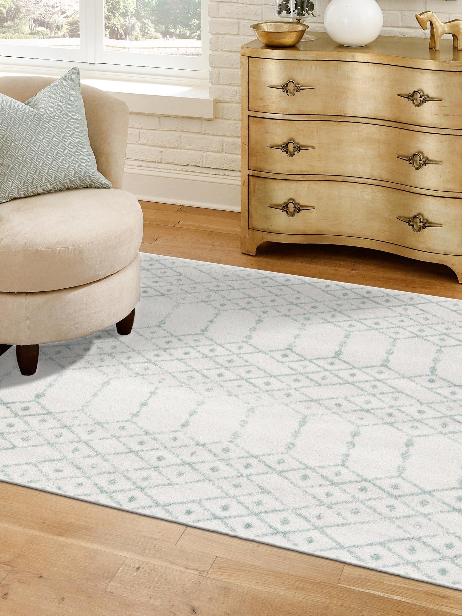 Ivory Aqua 7' 10 x 7' 10 Paxon Trellis Square Area Rug Geometric Durable Stain Resistant Easy Clean Carpet for Modern Interior Home Decor for Sale at Rug Engine