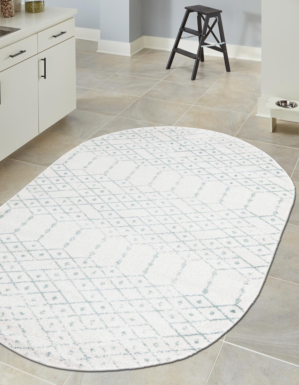 Ivory Aqua 5' 3 x 8' Paxon Trellis Oval Area Rug Geometric Durable Stain Resistant Easy Clean Carpet for Modern Interior Home Decor for Sale at Rug Engine