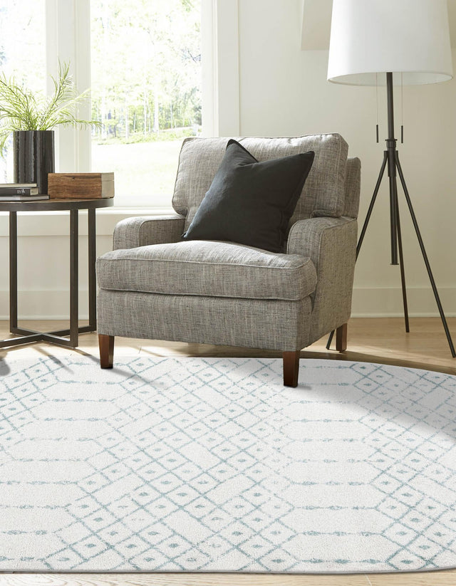 Ivory Aqua 5' 3 x 8' Paxon Trellis Oval Area Rug Geometric Durable Stain Resistant Easy Clean Carpet for Modern Interior Home Decor for Sale at Rug Engine