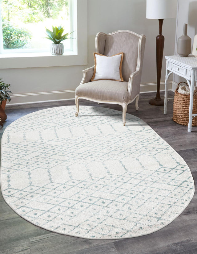Ivory Aqua 5' 3 x 8' Paxon Trellis Oval Area Rug Geometric Durable Stain Resistant Easy Clean Carpet for Modern Interior Home Decor for Sale at Rug Engine