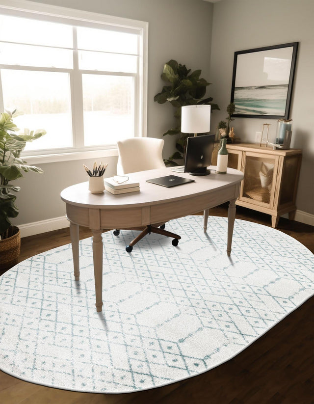 Ivory Aqua 4' x 6' Paxon Trellis Oval Area Rug Geometric Durable Stain Resistant Easy Clean Carpet for Modern Interior Home Decor for Sale at Rug Engine