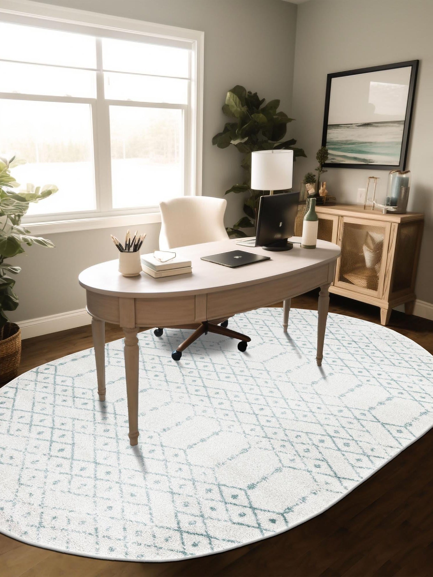 Ivory Aqua 5' 3 x 8' Paxon Trellis Oval Area Rug Geometric Durable Stain Resistant Easy Clean Carpet for Modern Interior Home Decor for Sale at Rug Engine