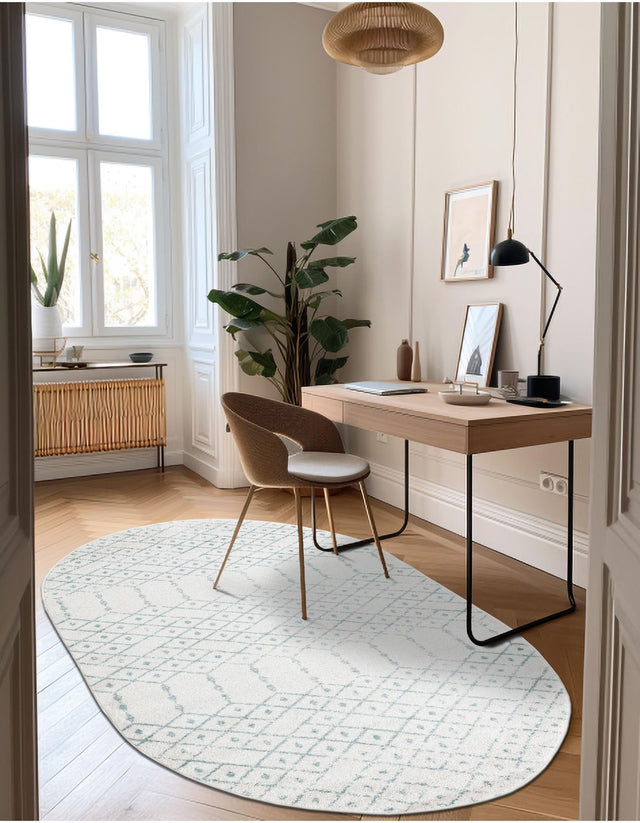 Ivory Aqua 4' x 6' Paxon Trellis Oval Area Rug Geometric Durable Stain Resistant Easy Clean Carpet for Modern Interior Home Decor for Sale at Rug Engine