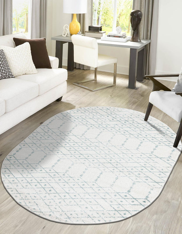 Ivory Aqua 4' x 6' Paxon Trellis Oval Area Rug Geometric Durable Stain Resistant Easy Clean Carpet for Modern Interior Home Decor for Sale at Rug Engine