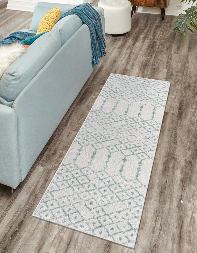 Ivory Aqua 2' x 6' Paxon Trellis Runner Area Rug Geometric Durable Stain Resistant Easy Clean Carpet for Modern Interior Home Decor for Sale at Rug Engine