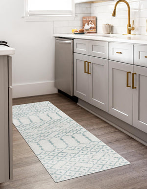 Ivory Aqua 2' 11 x 13' Paxon Trellis Runner Area Rug Geometric Durable Stain Resistant Easy Clean Carpet for Modern Interior Home Decor for Sale at Rug Engine