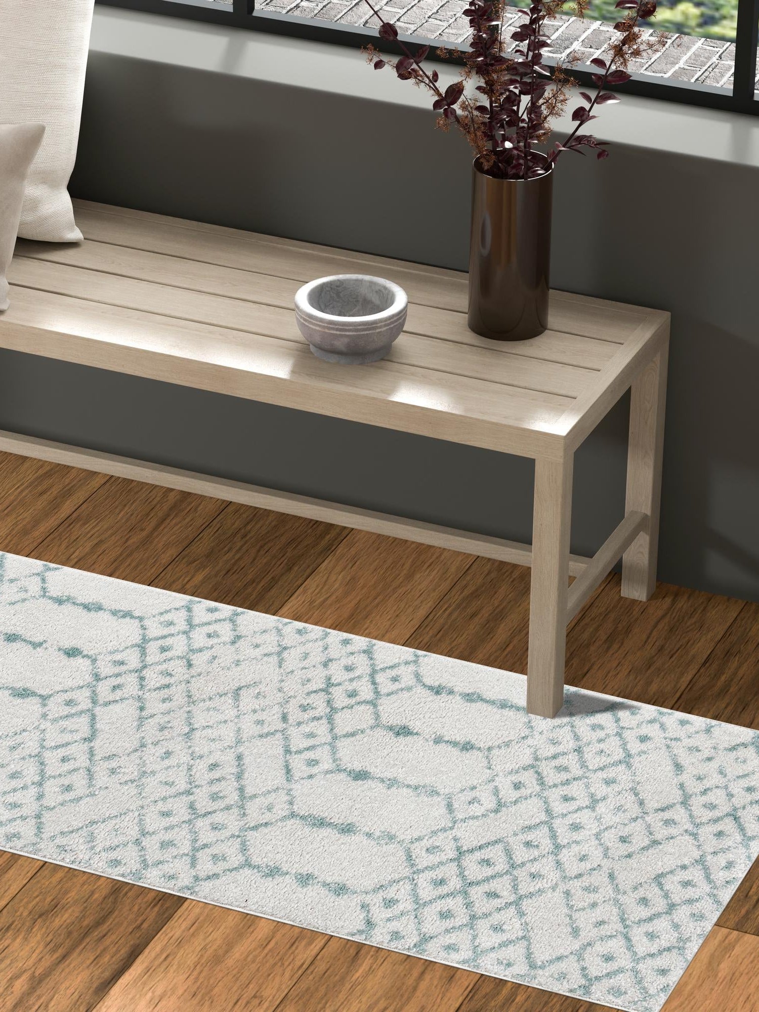 Ivory Aqua 2' x 8' Paxon Trellis Runner Area Rug Geometric Durable Stain Resistant Easy Clean Carpet for Modern Interior Home Decor for Sale at Rug Engine