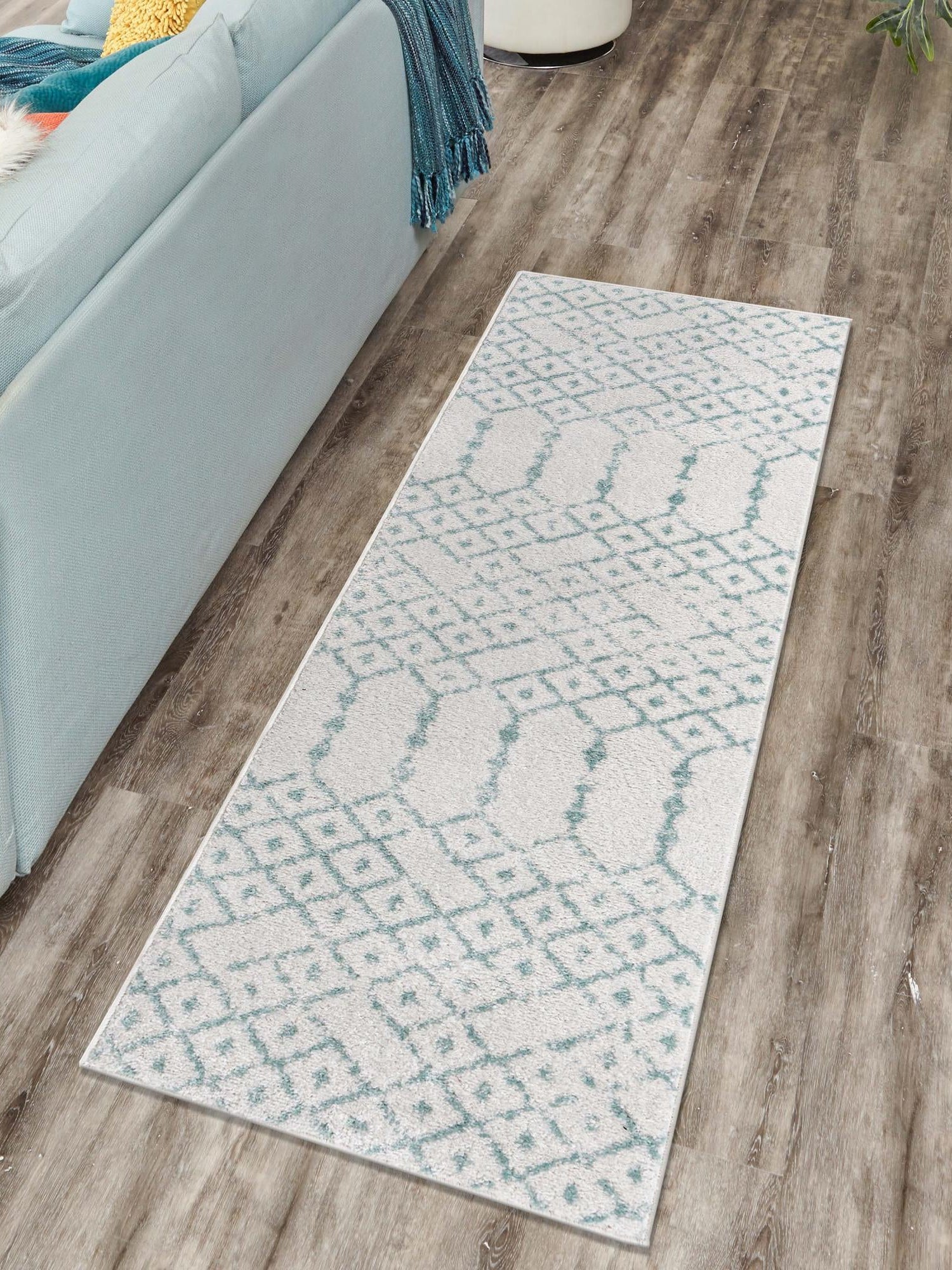 Ivory Aqua 2' x 8' Paxon Trellis Runner Area Rug Geometric Durable Stain Resistant Easy Clean Carpet for Modern Interior Home Decor for Sale at Rug Engine