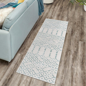 Ivory Aqua 2' x 6' Paxon Trellis Runner Area Rug Geometric Durable Stain Resistant Easy Clean Carpet for Modern Interior Home Decor for Sale at Rug Engine