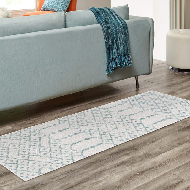 Ivory Aqua 2' x 9' 10 Paxon Trellis Runner Area Rug Geometric Durable Stain Resistant Easy Clean Carpet for Modern Interior Home Decor for Sale at Rug Engine