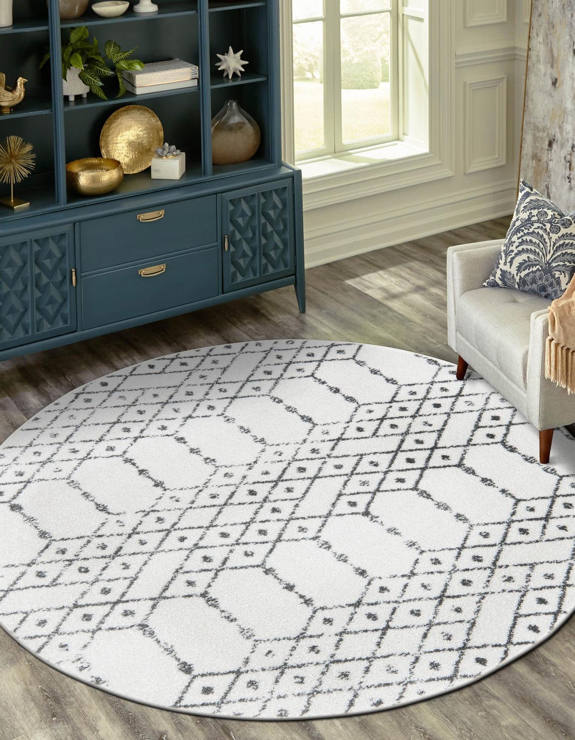 Ivory Black 7' 10 x 7' 10 Paxon Trellis Round Area Rug Geometric Durable Stain Resistant Easy Clean Carpet for Modern Interior Home Decor for Sale at Rug Engine