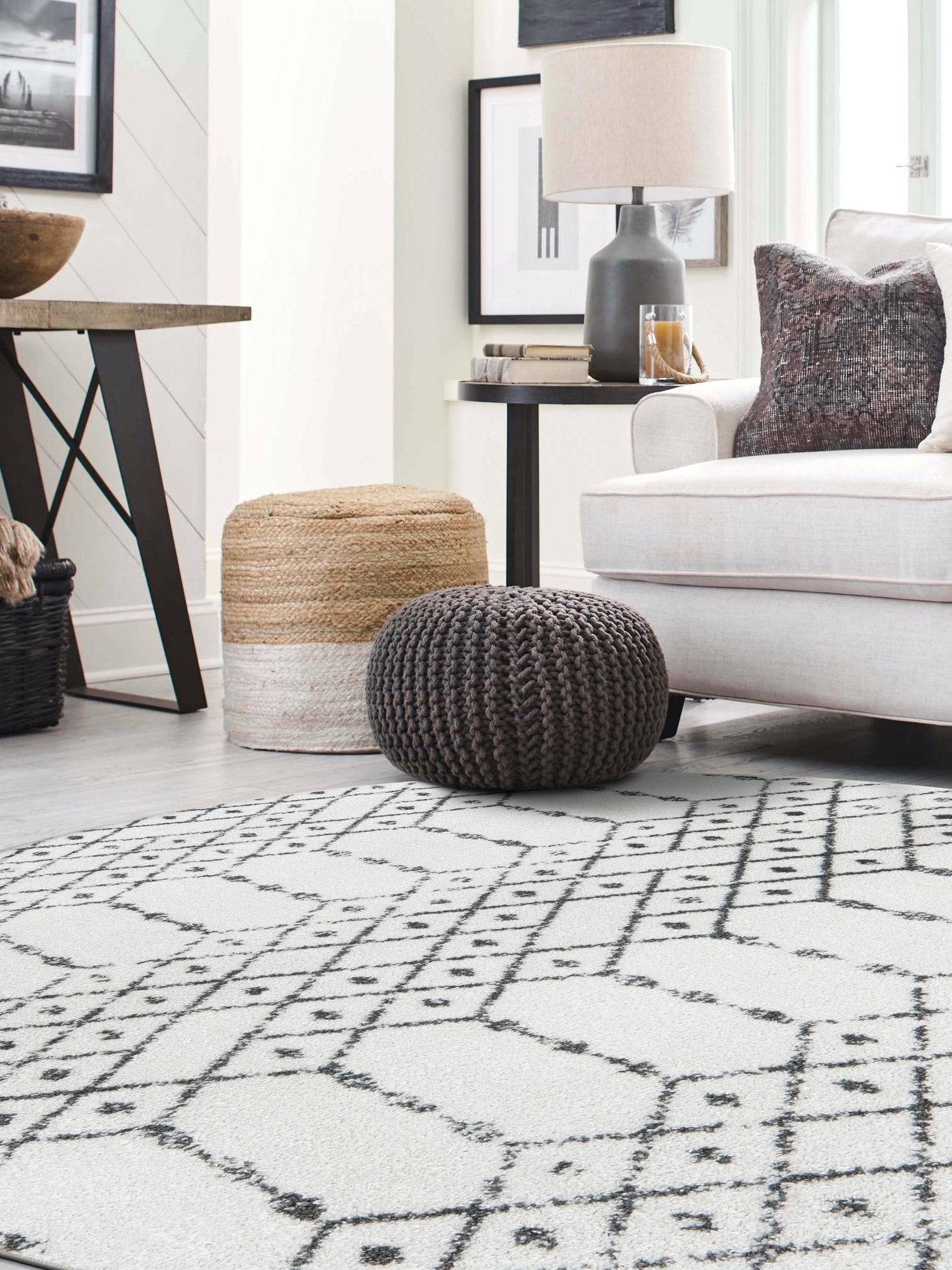 Ivory Black 7' 10 x 7' 10 Paxon Trellis Round Area Rug Geometric Durable Stain Resistant Easy Clean Carpet for Modern Interior Home Decor for Sale at Rug Engine