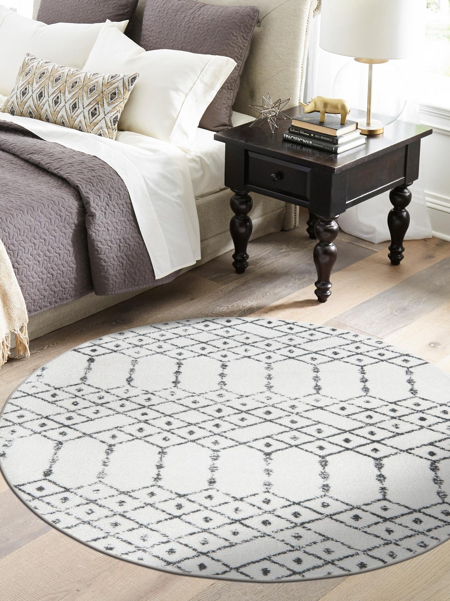 Ivory Black 7' 10 x 7' 10 Paxon Trellis Round Area Rug Geometric Durable Stain Resistant Easy Clean Carpet for Modern Interior Home Decor for Sale at Rug Engine