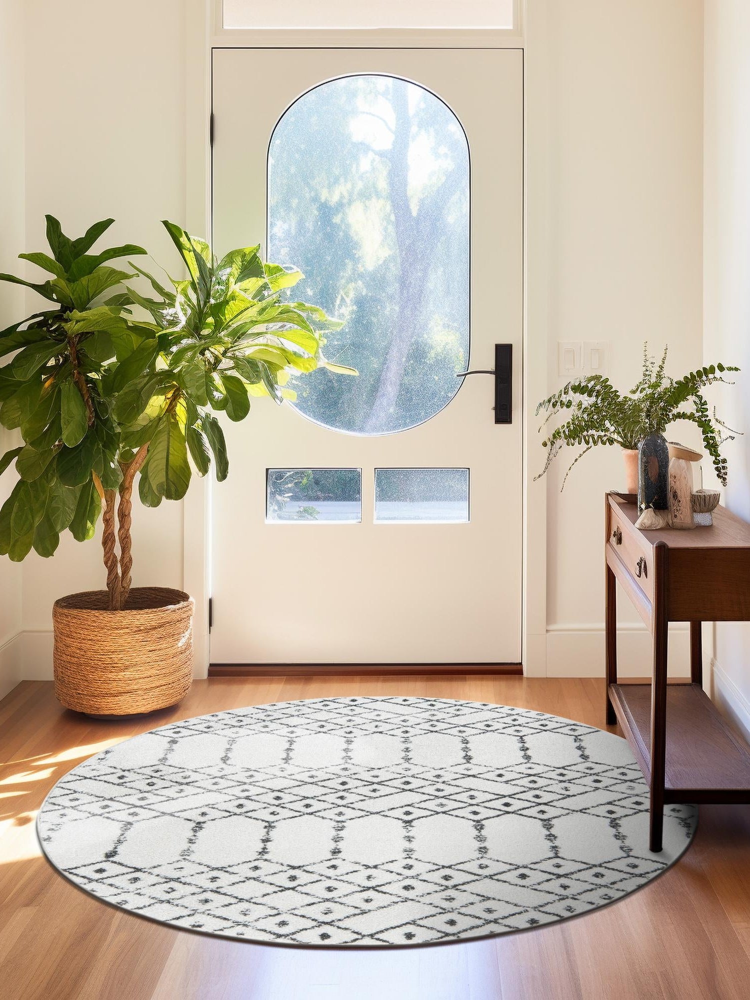 Ivory Black 7' 10 x 7' 10 Paxon Trellis Round Area Rug Geometric Durable Stain Resistant Easy Clean Carpet for Modern Interior Home Decor for Sale at Rug Engine