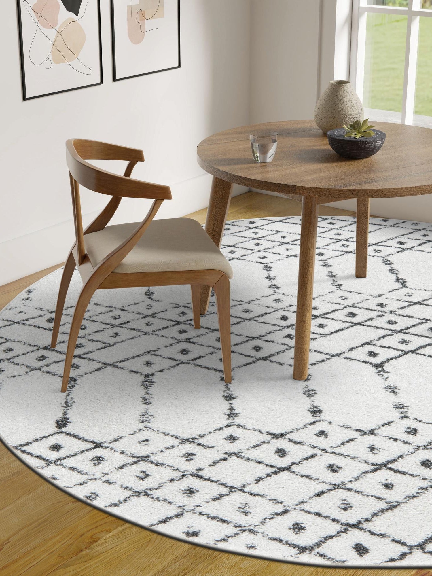 Ivory Black 7' 10 x 7' 10 Paxon Trellis Round Area Rug Geometric Durable Stain Resistant Easy Clean Carpet for Modern Interior Home Decor for Sale at Rug Engine