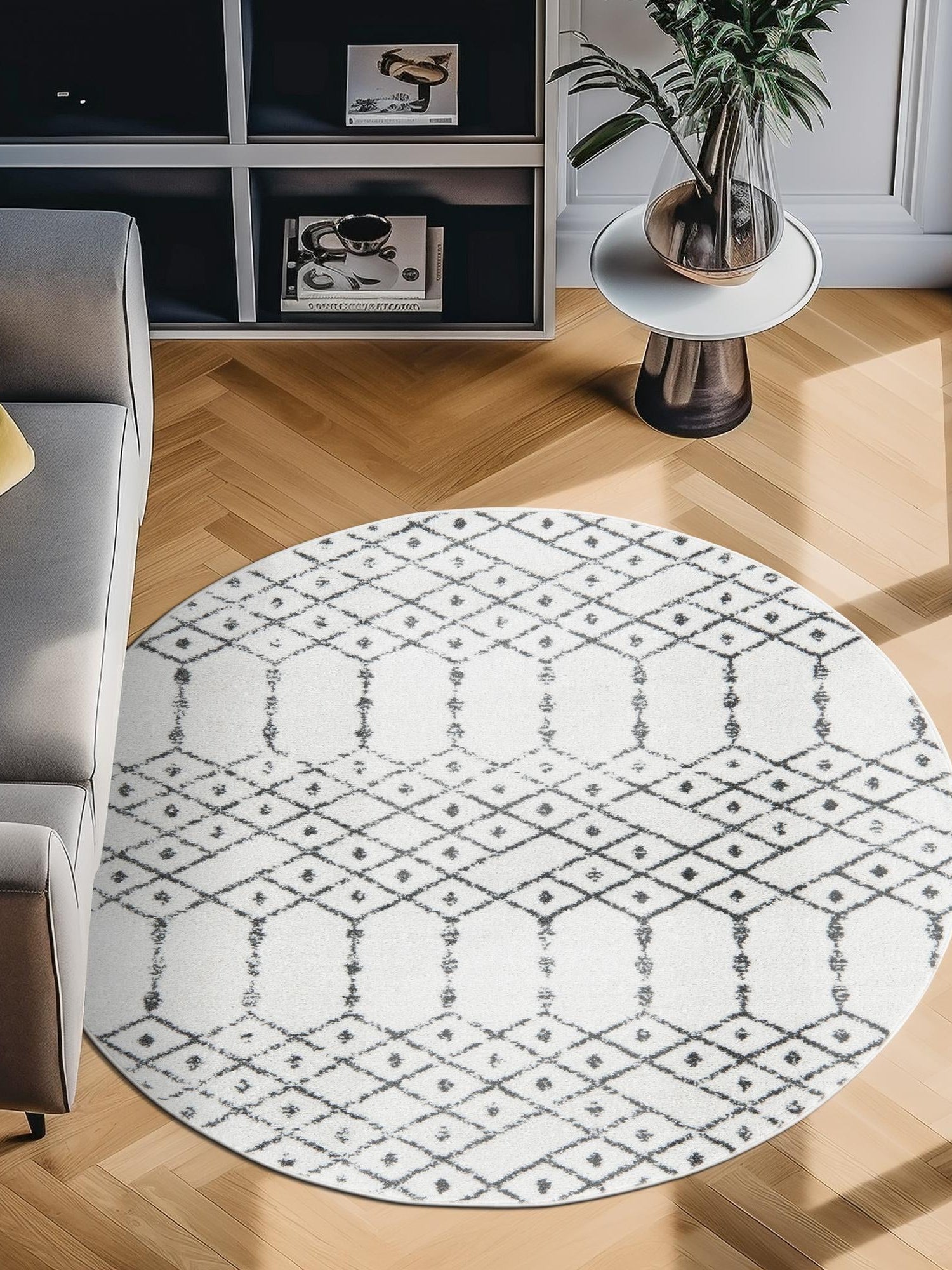 Ivory Black 5' 3 x 5' 3 Paxon Trellis Round Area Rug Geometric Durable Stain Resistant Easy Clean Carpet for Modern Interior Home Decor for Sale at Rug Engine