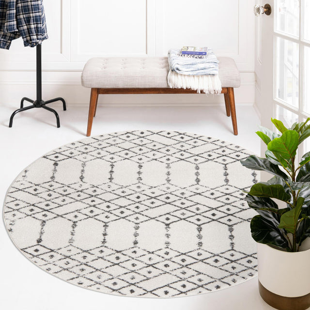 Ivory Black 3' x 3' Paxon Trellis Round Area Rug Geometric Durable Stain Resistant Easy Clean Carpet for Modern Interior Home Decor for Sale at Rug Engine