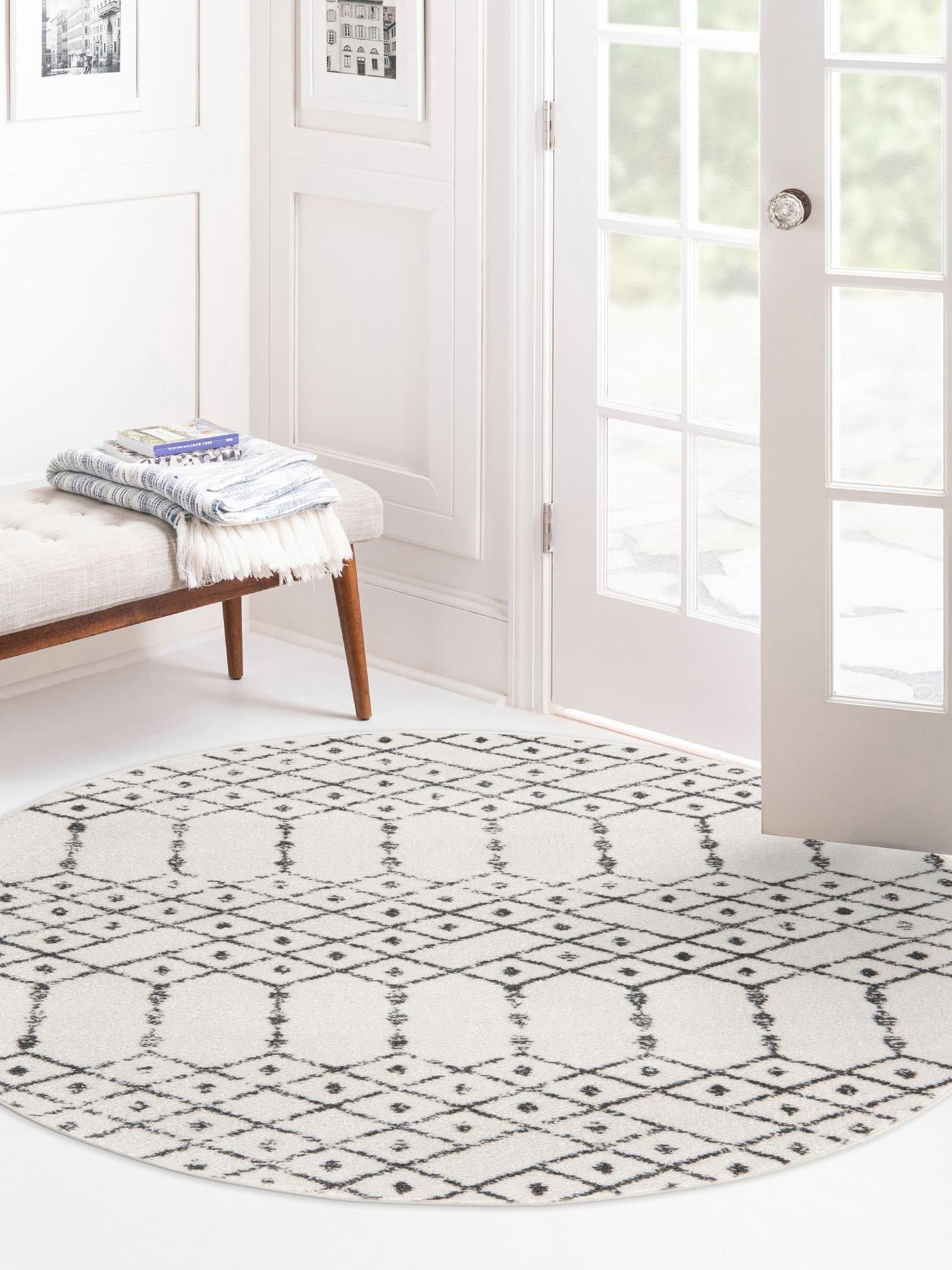 Ivory Black 5' 3 x 5' 3 Paxon Trellis Round Area Rug Geometric Durable Stain Resistant Easy Clean Carpet for Modern Interior Home Decor for Sale at Rug Engine