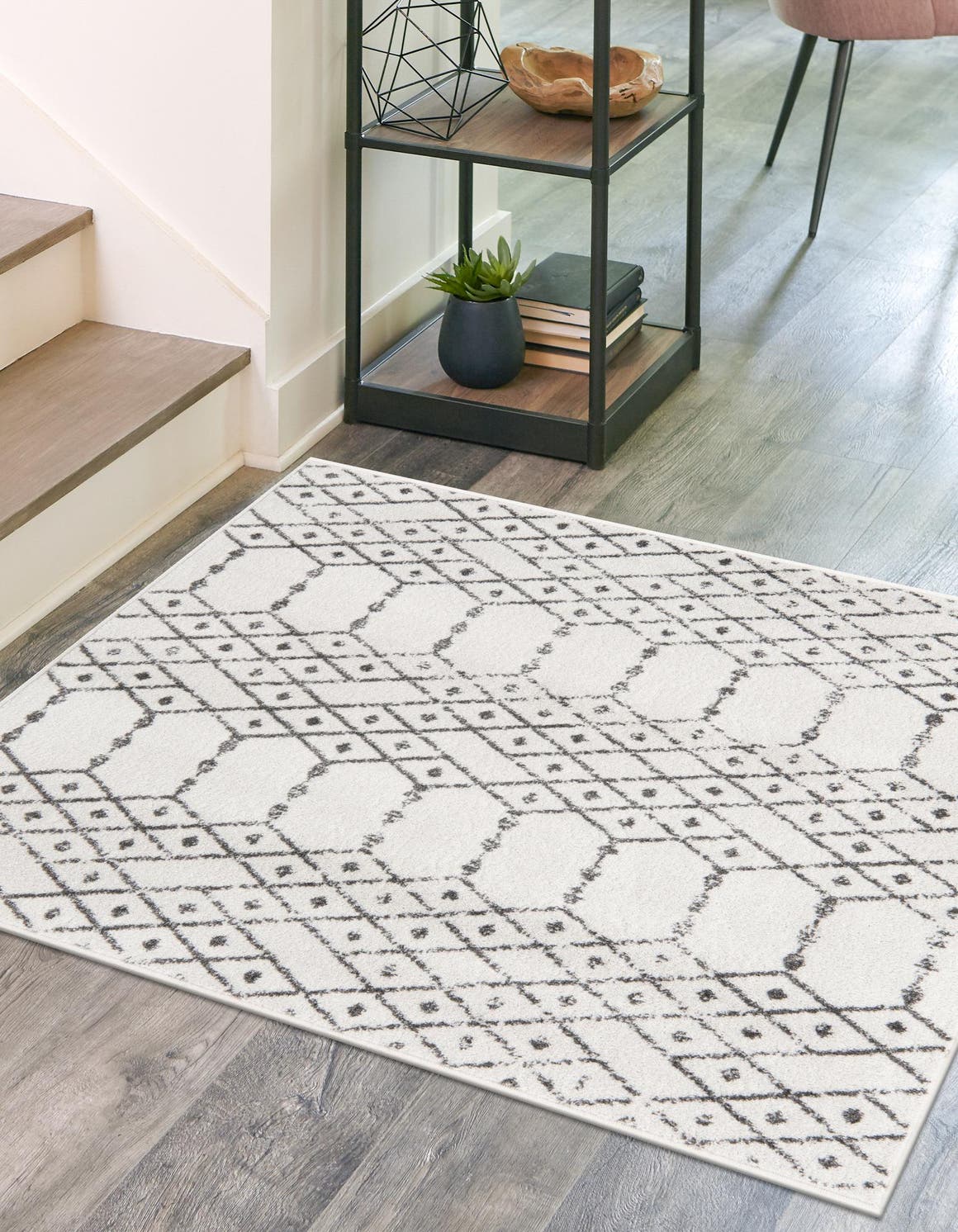 Ivory Black 5' 3 x 5' 3 Paxon Trellis Square Area Rug Geometric Durable Stain Resistant Easy Clean Carpet for Modern Interior Home Decor for Sale at Rug Engine
