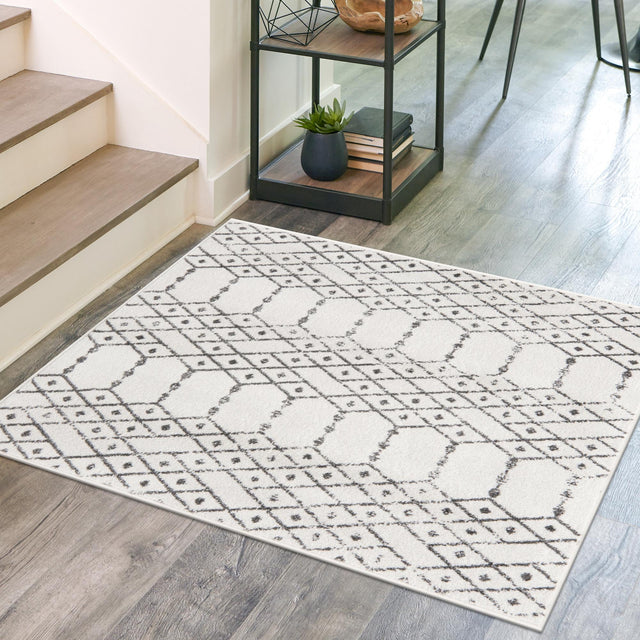 Ivory Black 4' x 4' Paxon Trellis Square Area Rug Geometric Durable Stain Resistant Easy Clean Carpet for Modern Interior Home Decor for Sale at Rug Engine