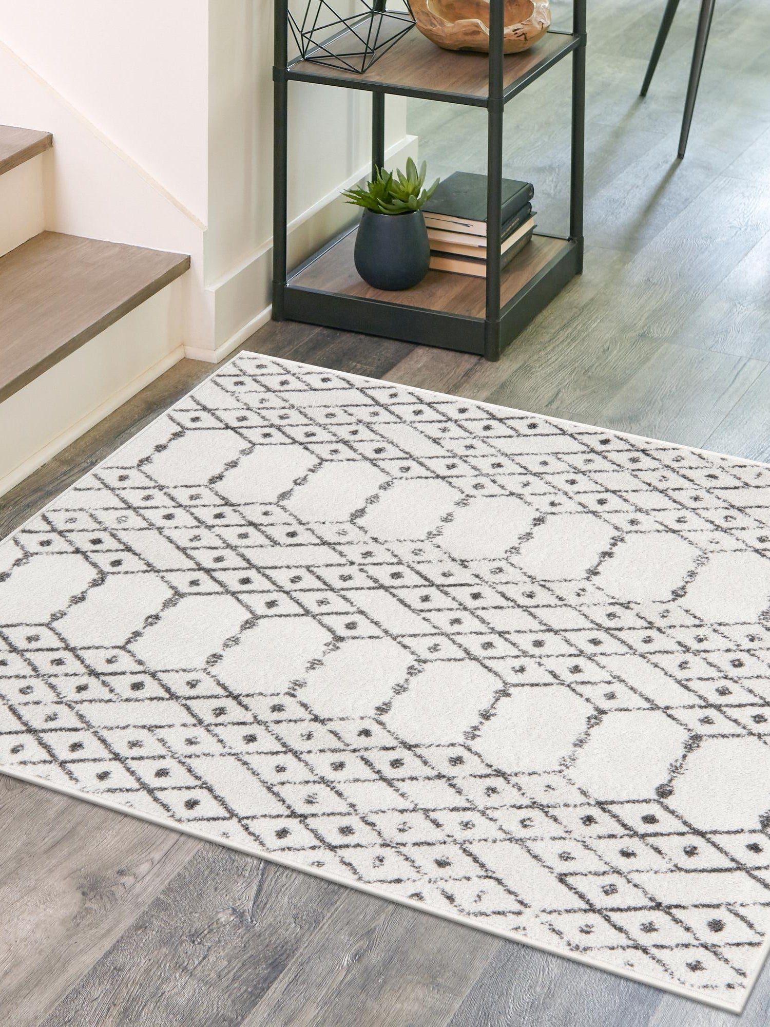 Ivory Black 7' 10 x 7' 10 Paxon Trellis Square Area Rug Geometric Durable Stain Resistant Easy Clean Carpet for Modern Interior Home Decor for Sale at Rug Engine
