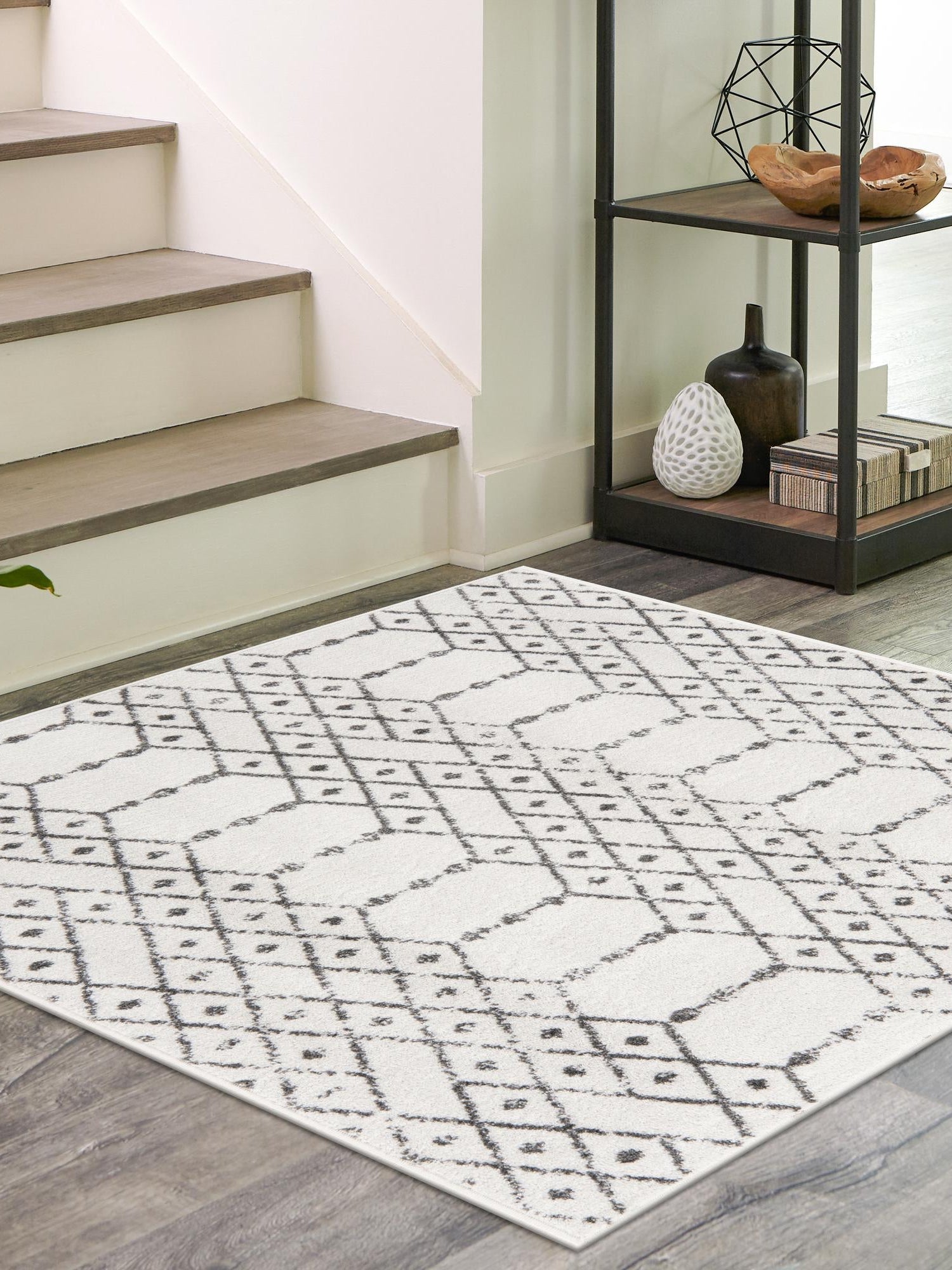 Ivory Black 7' 10 x 7' 10 Paxon Trellis Square Area Rug Geometric Durable Stain Resistant Easy Clean Carpet for Modern Interior Home Decor for Sale at Rug Engine