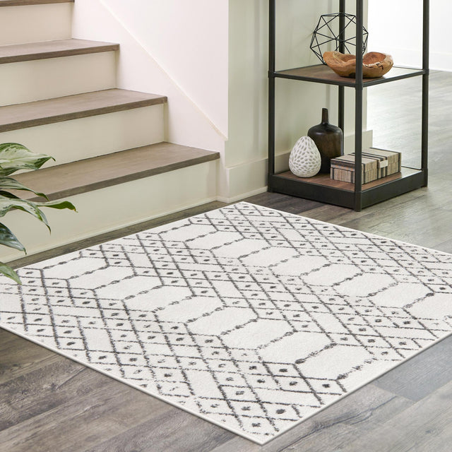 Ivory Black 7' 10 x 7' 10 Paxon Trellis Square Area Rug Geometric Durable Stain Resistant Easy Clean Carpet for Modern Interior Home Decor for Sale at Rug Engine