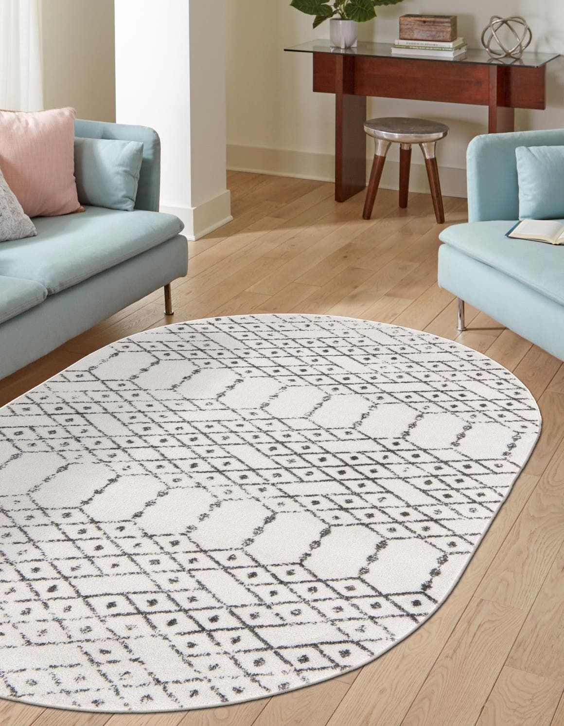 Ivory Black 7' 10 x 10' Paxon Trellis Oval Area Rug Geometric Durable Stain Resistant Easy Clean Carpet for Modern Interior Home Decor for Sale at Rug Engine