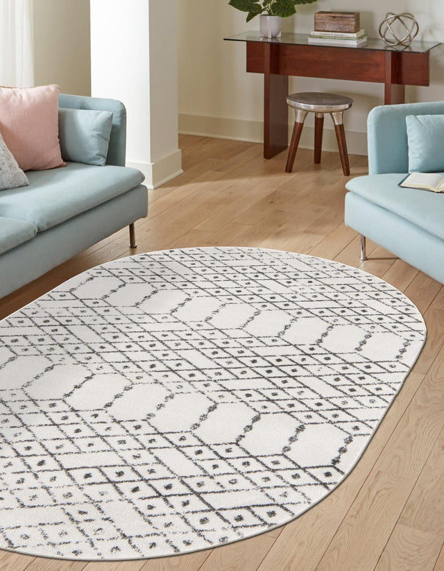 Ivory Black 7' 10 x 10' Paxon Trellis Oval Area Rug Geometric Durable Stain Resistant Easy Clean Carpet for Modern Interior Home Decor for Sale at Rug Engine